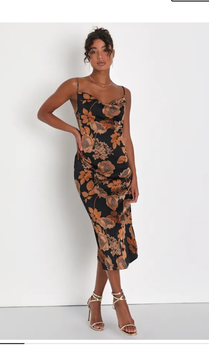 Lulus Floral Satin Midi Dress in Black & Orange Like New, Cowl Neck
